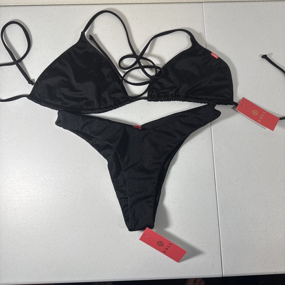DOLL & Co Black Bikini XL Triangle Top Micro V Band L Bottom NWT USA 🇺🇸 Made
